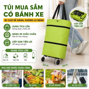 Túi mua sắm gập gọn bánh xe 360 chống thấm, kéo đẩy tiện lợi cho chợ và siêu thị, giá 47.040₫ 2