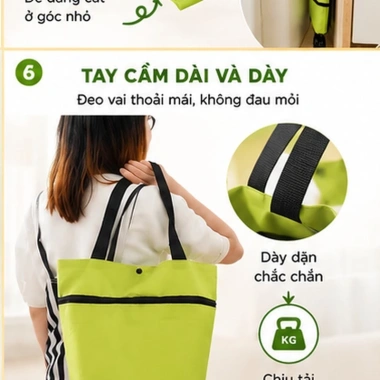 Túi mua sắm gập gọn bánh xe 360 chống thấm, kéo đẩy tiện lợi cho chợ và siêu thị, giá 47.040₫ 6