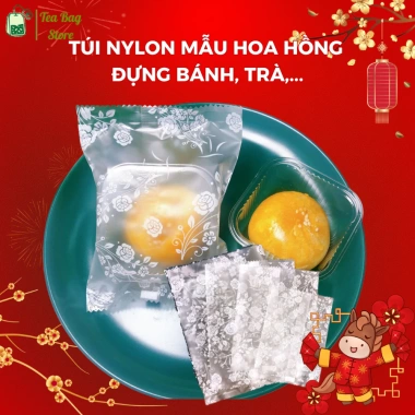 Túi nylon hoa hồng đựng bánh hàn nhiệt Tea Bag, trong suốt in hoa, handmade cho cookies và trà - 15.000₫