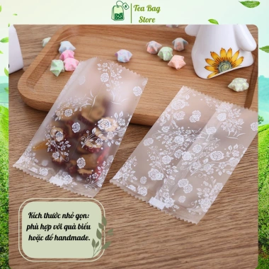 Túi nylon hoa hồng đựng bánh hàn nhiệt Tea Bag, trong suốt in hoa, handmade cho cookies và trà - 15.000₫
