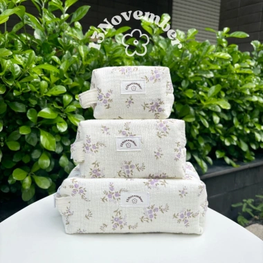 Túi Pouch Vải Hoa Nhí Tím Đựng Đồ Trang Điểm - Tiện Dụng, Xinh Xắn, Giá 109.000₫