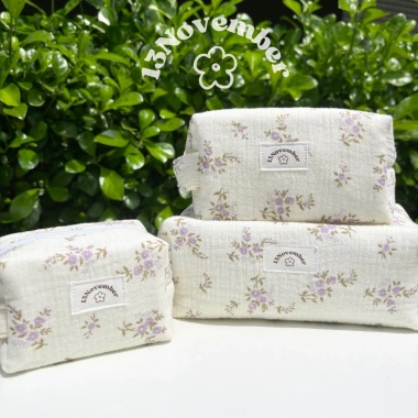 Túi Pouch Vải Hoa Nhí Tím Đựng Đồ Trang Điểm - Tiện Dụng, Xinh Xắn, Giá 109.000₫
