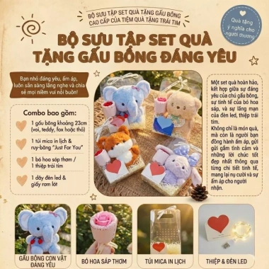 Túi set quà tặng gấu bông động vật kèm bó hoa, đèn LED, thiệp và giảm 20% sinh nhật Valentine 8