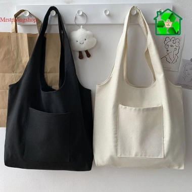 Túi vải canvas bánh bèo màu be và đen - Đựng gạo, đồ cá nhân, đi học, giá 66.500₫