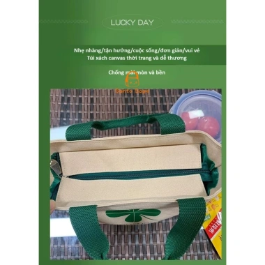 Túi xách đựng hộp cơm CỎ 4 LÁ TC22 Ngăn cốc ly nước, vải dày đẹp văn phòng