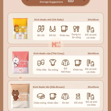 Túi Zip Du Lịch Line Friends Nhà Niêu - Đa màu, dày dặn, khóa trượt, dễ phân loại, 61k 8