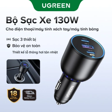 UGREEN Sạc ô tô 130W PD3.0 nhanh 3 cổng USB-A và USB-C, hỗ trợ iPhone 16/15/14/13 Pro Max, Xiaomi, OPPO - 399.000đ