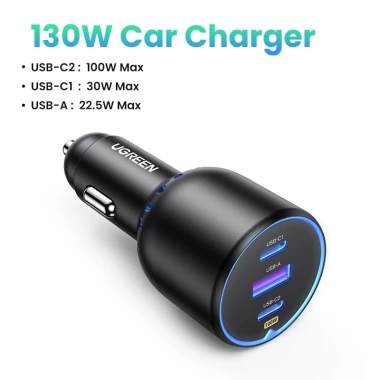 UGREEN Sạc ô tô 130W PD3.0 nhanh 3 cổng USB-A và USB-C, hỗ trợ iPhone 16/15/14/13 Pro Max, Xiaomi, OPPO - 399.000đ