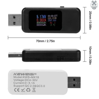 USB Tester KEWEISI KWS-MX18 MX18L - Đo dòng điện & điện áp, màn hình màu, sạc pin 139.000₫