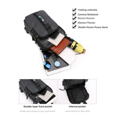 UUMIR Ba lô đeo vai nam chống nước, dây kéo, túi đeo chéo, thể thao sạc USB chống trộm