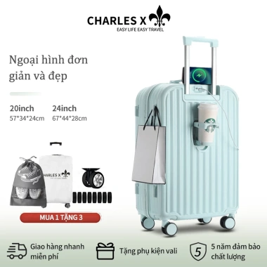 Vali Du Lịch CHARLESX 20/24 inch - ABS+PC Cao Cấp, Cổng USB, Kệ Cốc, Giá 399.000đ (Giá Gốc 506.730đ)