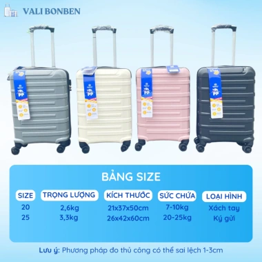 Vali Hùng Phát 20/25 inch Nhựa PP Bền Đẹp Kéo Du Lịch Thời Trang, Bảo Hành 2 Năm, 499.000đ