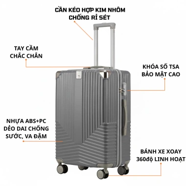 Vali Kéo Du Lịch Nhựa ABS 20‑24 Inch, Có Cốc, Chống Va Đập, Khóa Số TSA, 4 Bánh Xe 360° Giá 325k 5