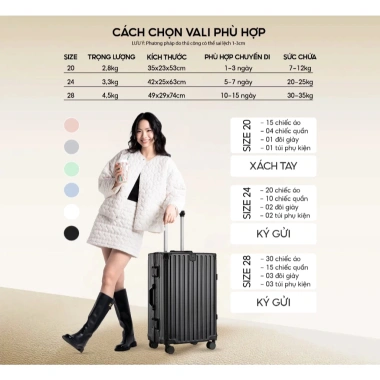 Vali Kéo Size 20/24/28 Khung Nhôm Nhựa PC Khóa TSA Chống Rạch Vân Nhám 712.080₫