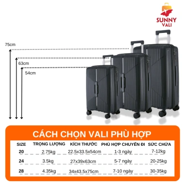 Vali Nhựa SUNNY CHOCO 20‑28, PP chịu va đập, bảo hành 10 năm, giá 879k 3