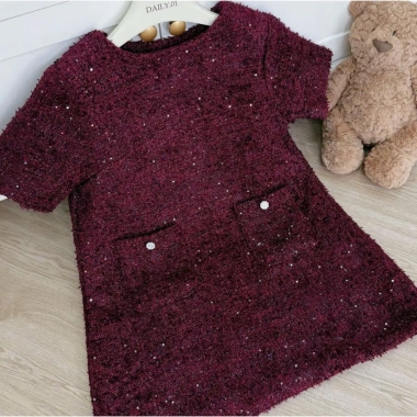 Váy babydoll dạ cộc tay suông cổ tròn kim sa đính khuy bạc sang chảnh độn 2 cầu vai
