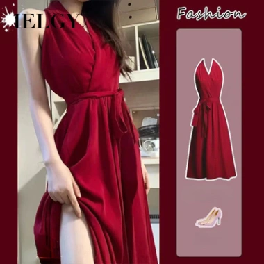 Váy cổ dây đỏ nữ hoàng gia A-line dài, dây đeo eo tinh tế, vừa vặn - chỉ 239.620₫