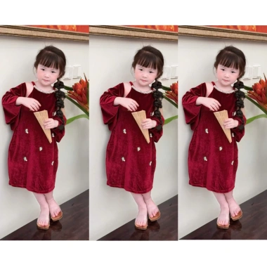 Váy đầm nhung cổ yếm đính đá + áo khoác choàng xinh cho bé gái Tết - Giảm còn 139k