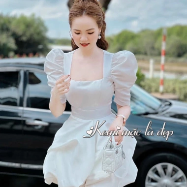 Váy đầm nữ cổ vuông xòe bồng sang chảnh Nhung Kemi - Đi chơi, tiệc xinh 175k