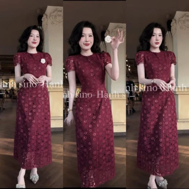 Váy ren xinh tay hến màu đỏ mận Tết – hoa cài tinh tế, giảm giá 480k 5