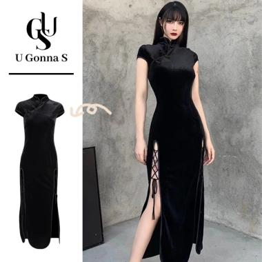 Váy sườn xám dài bodycon cho phụ nữ plus size tay ngắn, cổ Trung Quốc