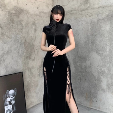 Váy sườn xám dài bodycon cho phụ nữ plus size tay ngắn, cổ Trung Quốc 5 Váy sườn xám dài bodycon cho phụ nữ plus size tay ngắn, cổ Trung Quốc 5