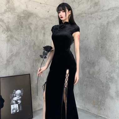 Váy sườn xám dài bodycon cho phụ nữ plus size tay ngắn, cổ Trung Quốc