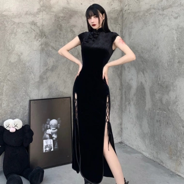 Váy sườn xám dài bodycon cho phụ nữ plus size tay ngắn, cổ Trung Quốc