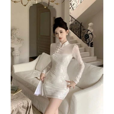 Váy sườn xám ôm body ren hoa cổ đứng, nút chéo ngực, xẻ đùi quyến rũ - chỉ 415k 3
