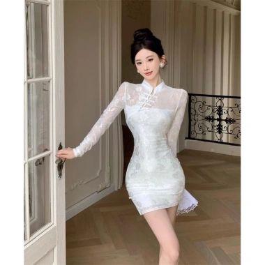 Váy sườn xám ôm body ren hoa cổ đứng, nút chéo ngực, xẻ đùi quyến rũ - chỉ 415k 5