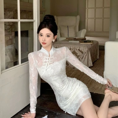 Váy sườn xám ôm body ren hoa cổ đứng, nút chéo ngực, xẻ đùi quyến rũ - chỉ 415k 8