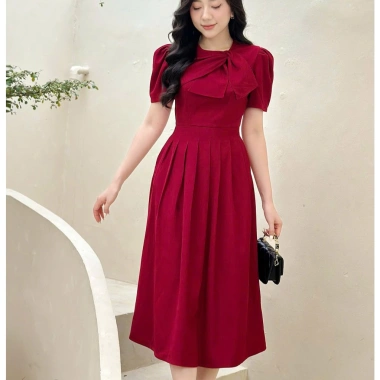Váy thiết kế U&M nơ cổ lệch xếp li dài thanh lịch, bigsize, phù hợp tiệc Giáng Sinh, Tết - 332.800 4