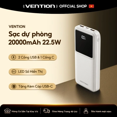 Vention Sạc Dự Phòng 20.000mAh 22.5W PD 3.0 - Màn Hình TFT Siêu Nhanh Giá Ưu Đãi 359.001 VND