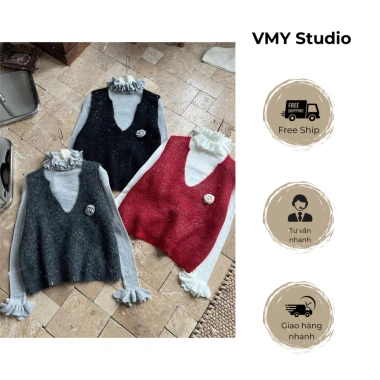 VMY Studio áo len cổ tay bèo + áo gile đính hoa sang trọng - Trang phục nữ Tết QCCC