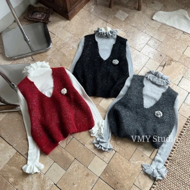 VMY Studio áo len cổ tay bèo + áo gile đính hoa sang trọng - Trang phục nữ Tết QCCC