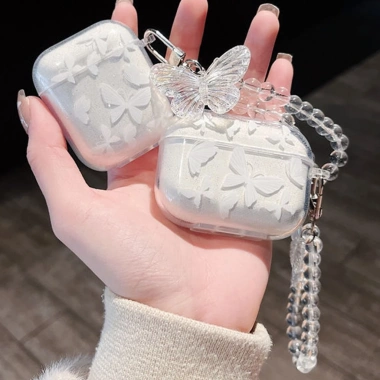 Vỏ Airpods 4 Pro/3 TPU mềm bướm trắng sáng, chống sốc, dây xích hạt chống mất Vỏ Airpods 4 Pro/3 TPU mềm bướm trắng sáng, chống sốc, dây xích hạt chống mất