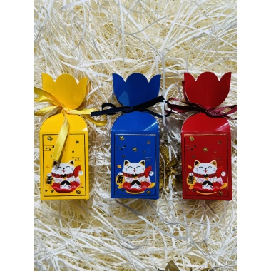Vỏ hộp kẹo nơ Tết 2.025 - Qùa tặng tem chữ Tết, hộp mèo thần tài, chỉ 3.000đ