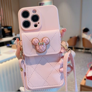 Vỏ iPhone TPU mềm Đầu Mickey đa màu, dây đeo dài + túi thẻ cho iPhone 17‑12Pro Max
