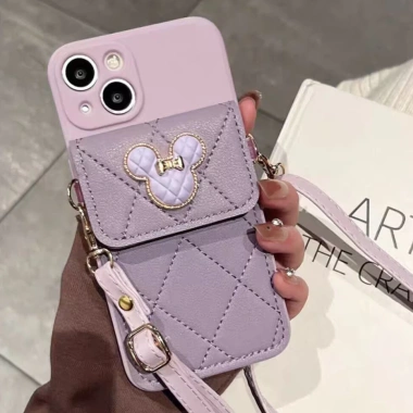 Vỏ iPhone TPU mềm Đầu Mickey đa màu, dây đeo dài + túi thẻ cho iPhone 17‑12Pro Max