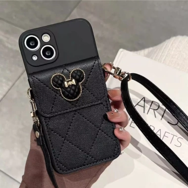 Vỏ iPhone TPU mềm Đầu Mickey đa màu, dây đeo dài + túi thẻ cho iPhone 17‑12Pro Max