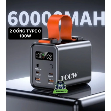Vỏ sạc dự phòng nhôm LV60 60.000mAh 2 cổng Type-C 100W, đèn pin, sạc laptop, MacBook, camera, giá ưu đãi 635.000 VND