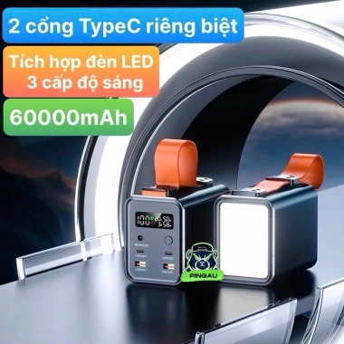 Vỏ sạc dự phòng nhôm LV60 60.000mAh 2 cổng Type-C 100W, đèn pin, sạc laptop, MacBook, camera, giá ưu đãi 635.000 VND