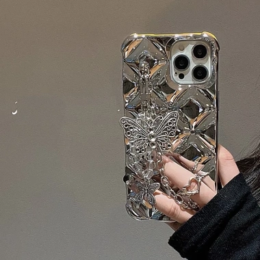 Vỏ Vuông Kim Cương Bạc Cho iPhone 13-16 Pro Max - Thiết Kế Nơ Chain, Nhẹ và Bảo Vệ