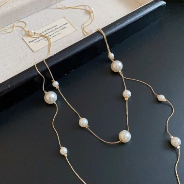 Vòng cổ nữ không đối xứng 2 lớp ngọc trai đính hạt, mặt dây thả - Giá 54.900₫