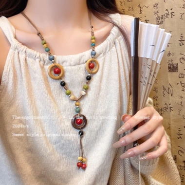 Vòng cổ nữ Vintage Bohemian dây dài gốm phong cách dân tộc Trung Quốc giá ưu đãi Vòng cổ nữ Vintage Bohemian dây dài gốm phong cách dân tộc Trung Quốc giá ưu đãi