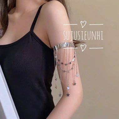 Vòng đeo bắp tay kim loại tua rua dài phong cách punk phụ kiện cosplay cánh tay