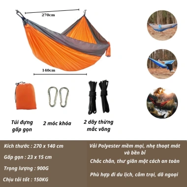 Võng du lịch camping dã ngoại Polyester 270x140cm, thoáng mát, kèm móc dây túi gập gọn chỉ 188.000₫