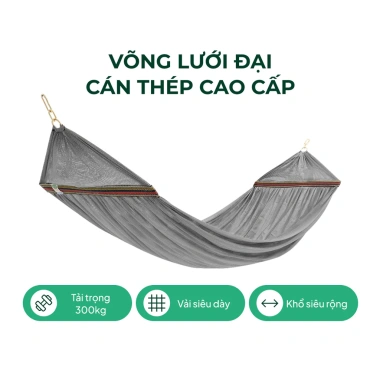 Võng lưới 130x250/160x250cm, cán thép 60cm, Lâm Tùng cao cấp, siêu dày, khoen lớn - Giá 150.000 VND