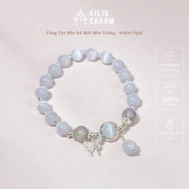 Vòng tay nữ bạc s925 đá mắt mèo trắng Moonstone May mắn sức khỏe KC07 KILIG CHARM 195k