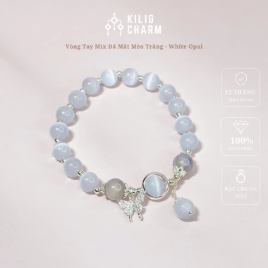 Vòng tay nữ bạc s925 đá mắt mèo trắng Moonstone May mắn sức khỏe KC07 KILIG CHARM 195k